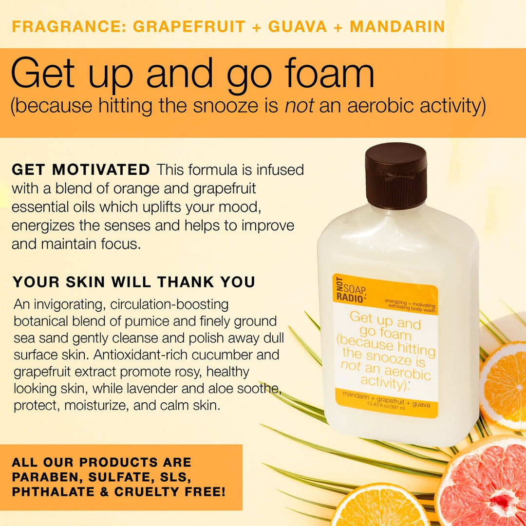 An infographic explaining the uses and benefits of the mandarin scented body scrub by Not Soap Radio.