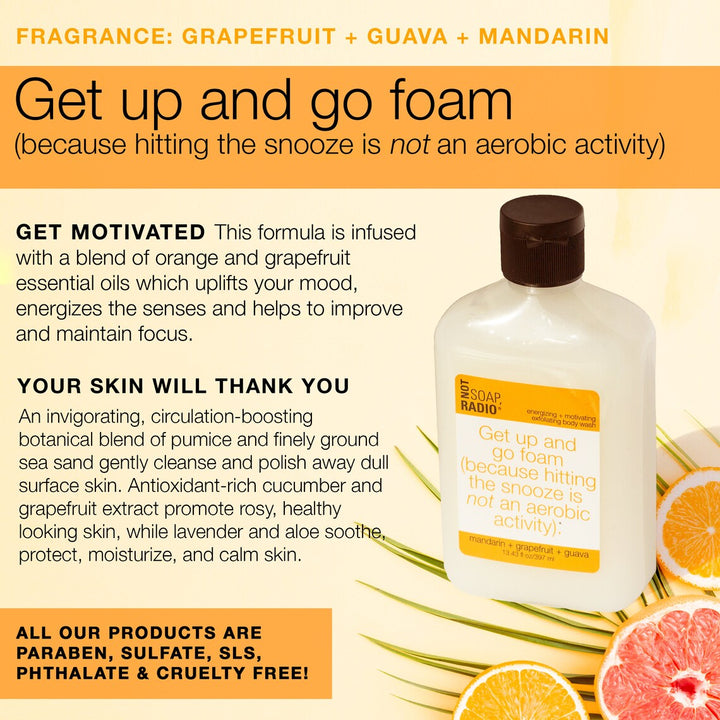 An infographic explaining the uses and benefits of the mandarin scented body scrub by Not Soap Radio.