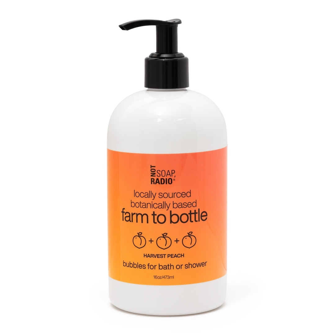 Front of Not Soap Radio Farm to Bottle harvest peach scented bubbles for bath/shower with pump dispenser