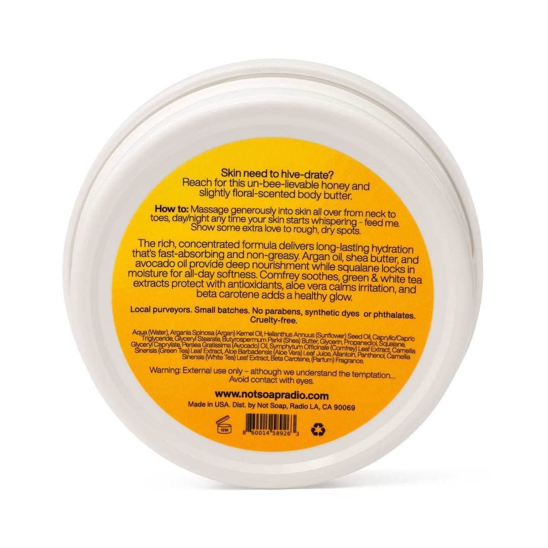 Back label of Farm to Bottle honey body butter with usage directions, ingredients, and antioxidant-rich formulation details.