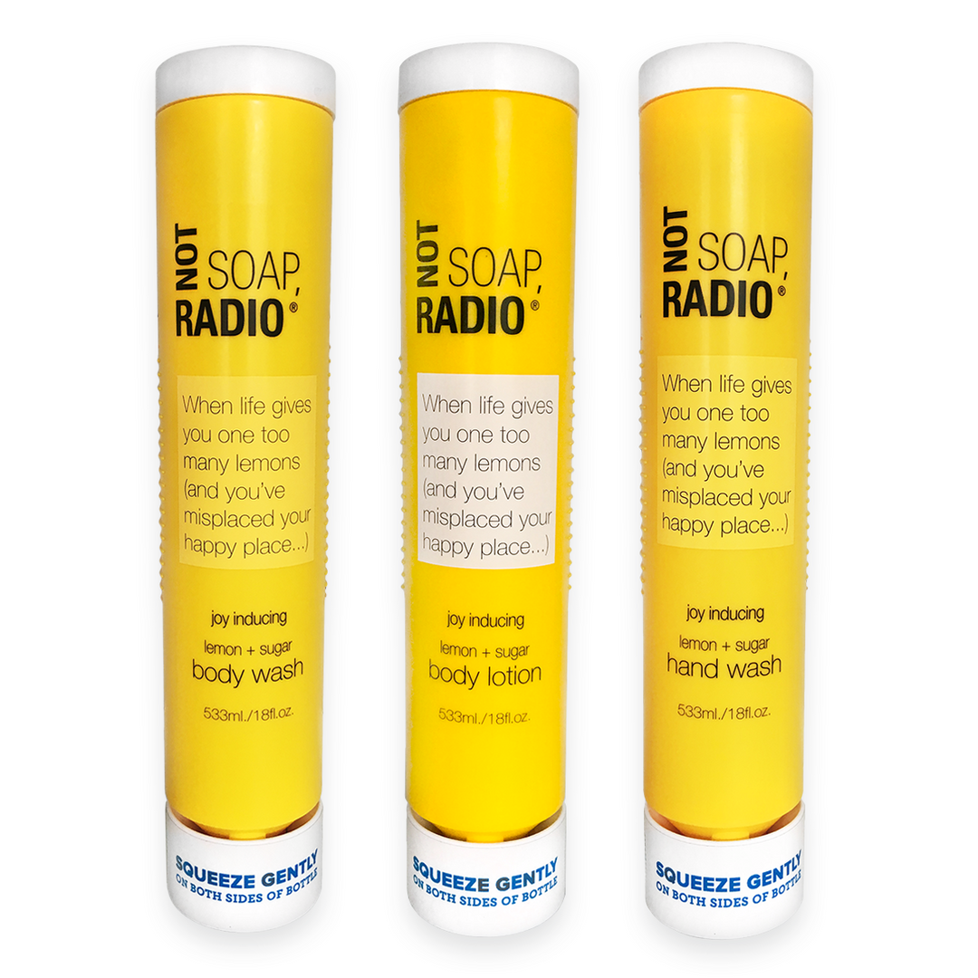 A trio of body wash, hand wash, and body lotion as a gift set by Not Soap Radio.