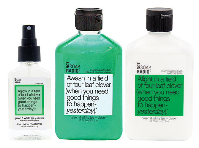 Hero bundle / gift set: detox + hydrate fragrance, bath/shower gel, hand/body lotion in Awash in a field of four leaf clover… - Not Soap Radio Hero bundle