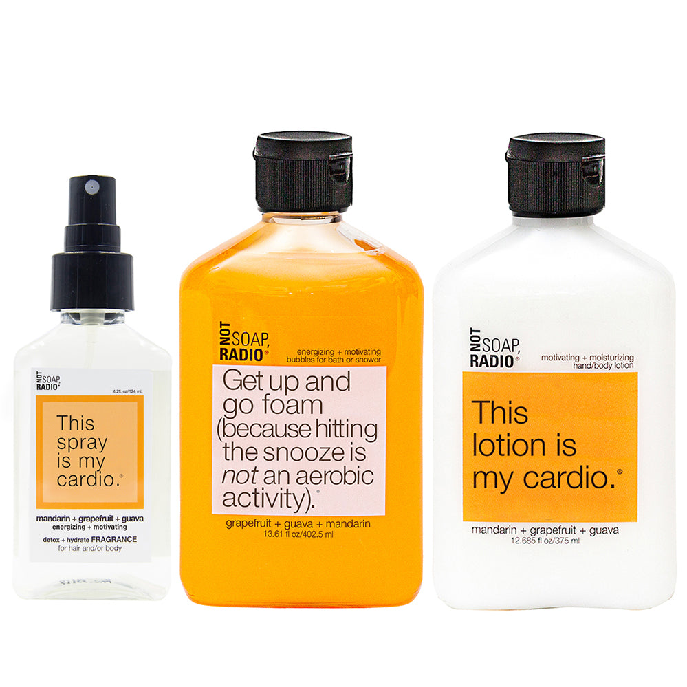 Hero bundle / gift set: detox + hydrate fragrance, bath/shower gel, hand/body lotion in Get up and go foam + This lotion/spray is my cardio… - Not Soap Radio