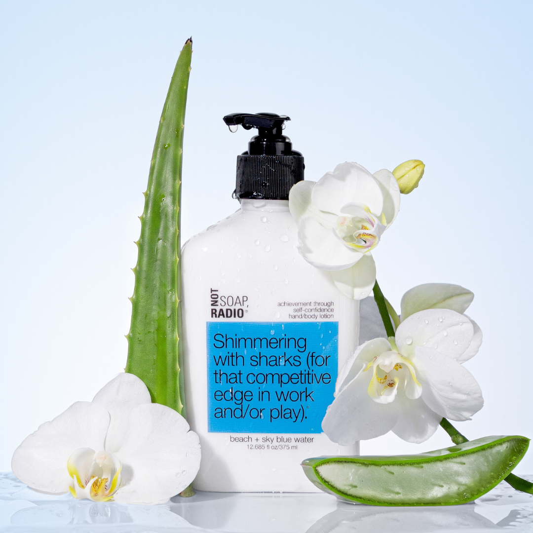 Shimmering with sharks (for that competitive edge in work and/or play). <b>hand/body lotion</b>