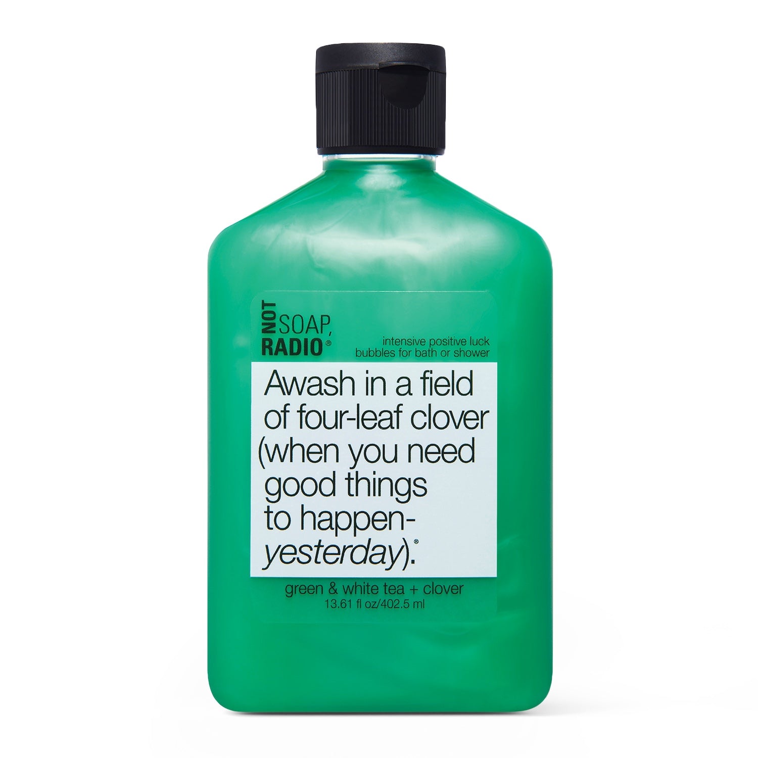 A lucky green tea and white tea clover scented shower gel on a white background.