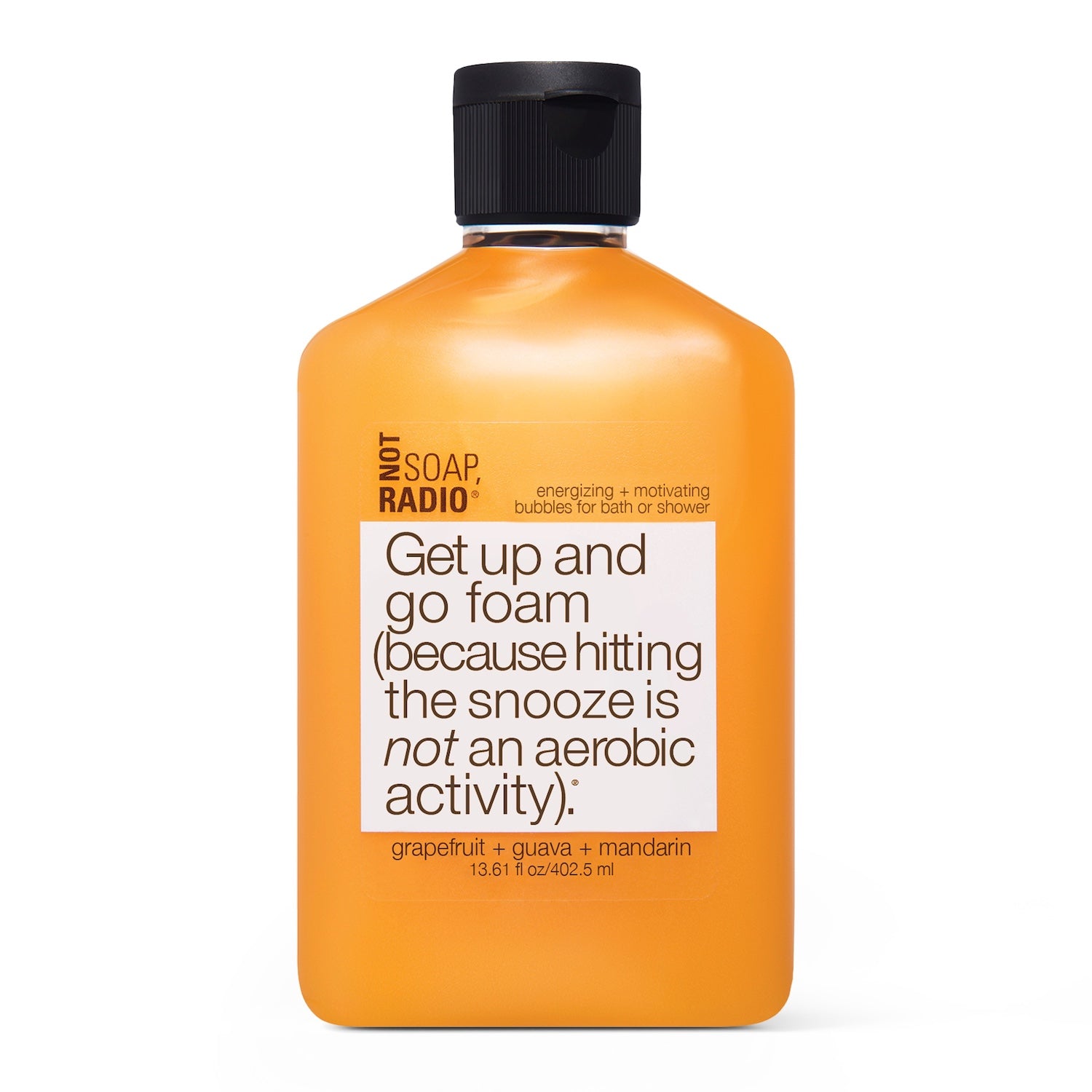 A grapefruit, guava, and mandarin scented bath and shower gel on a white background.