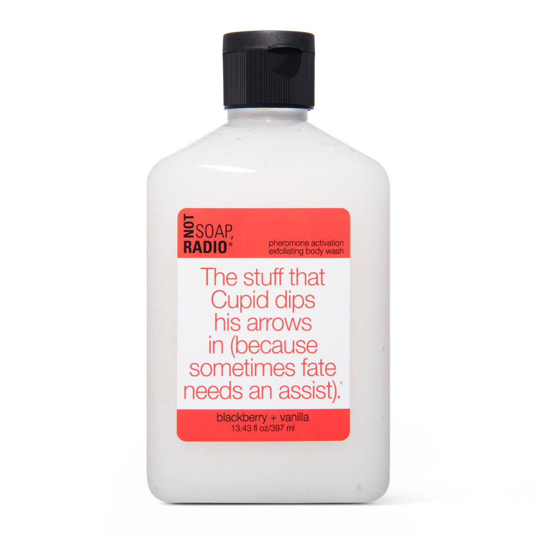 Bottle of Not soap radio body wash with a humorous label on a white background