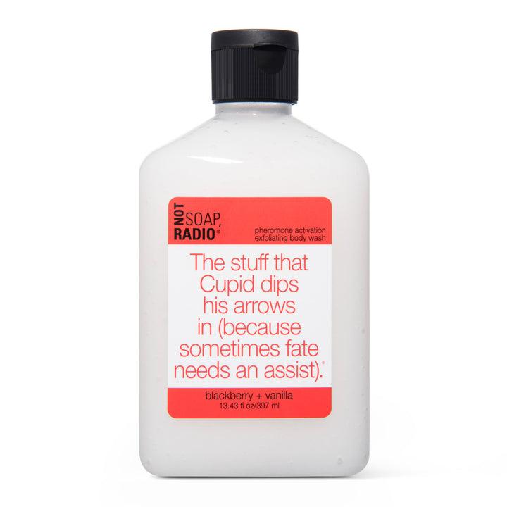 Bottle of Not soap radio body wash with a humorous label on a white background