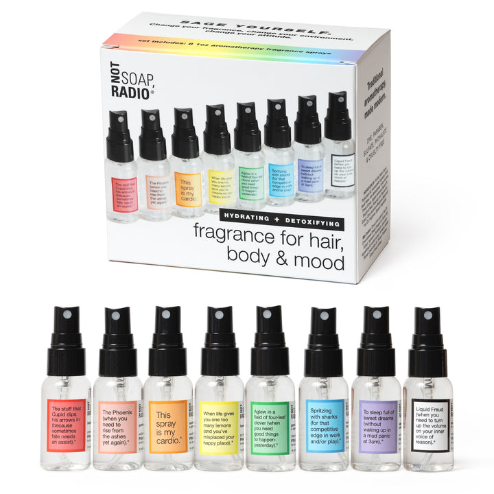 Mini fragrance gift box by Not Soap Radio, featuring 8 different aromatherapy fragrance sprays