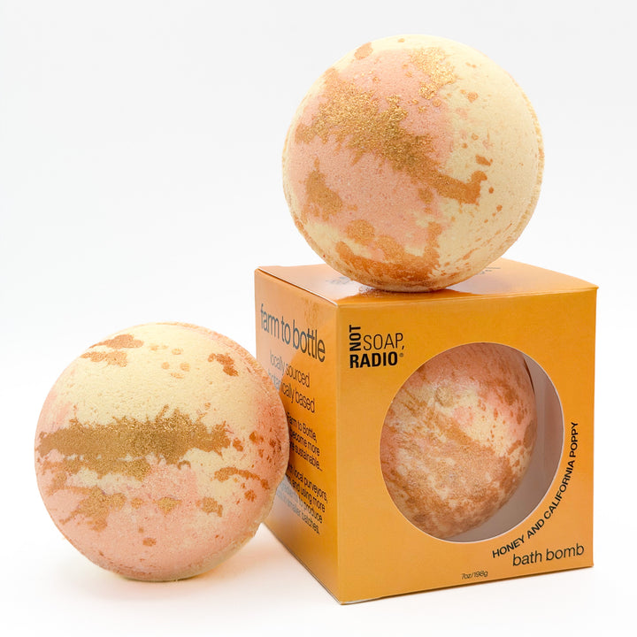 Farm to bottle honey and california poppy bath bomb