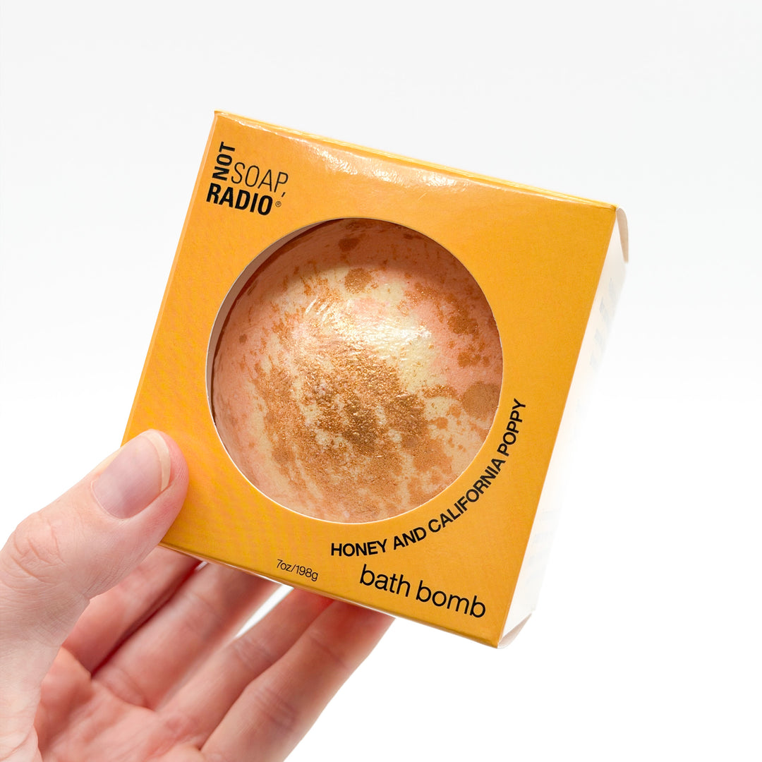 Farm to bottle honey and california poppy bath bomb
