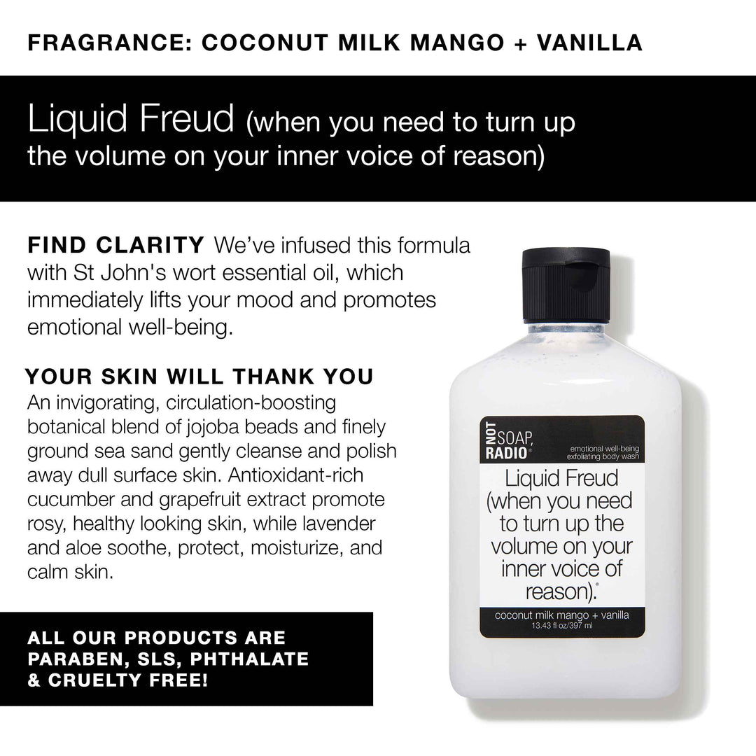 An infographic explaining the benefits of Liquid freud exfoliating body wash, which is infused with St Jon&