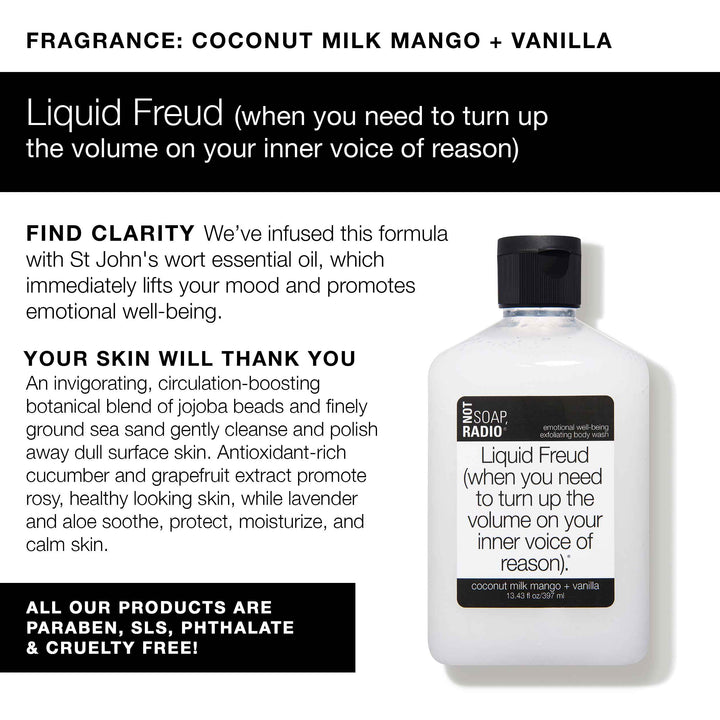 An infographic explaining the benefits of Liquid freud exfoliating body wash, which is infused with St Jon&