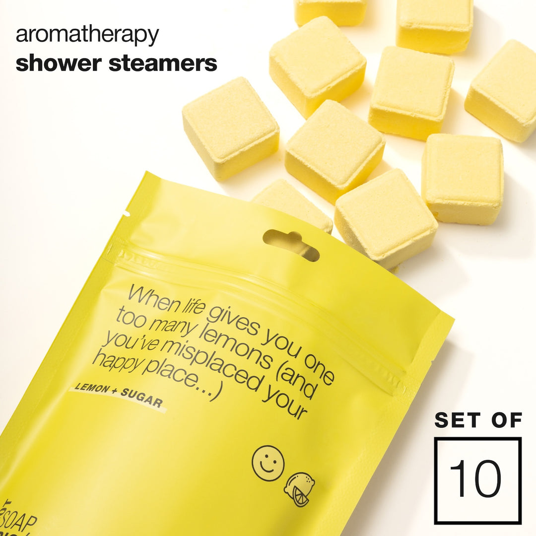 Flatlay of lemon scent aromatherapy Shower Steamers - set of 10
