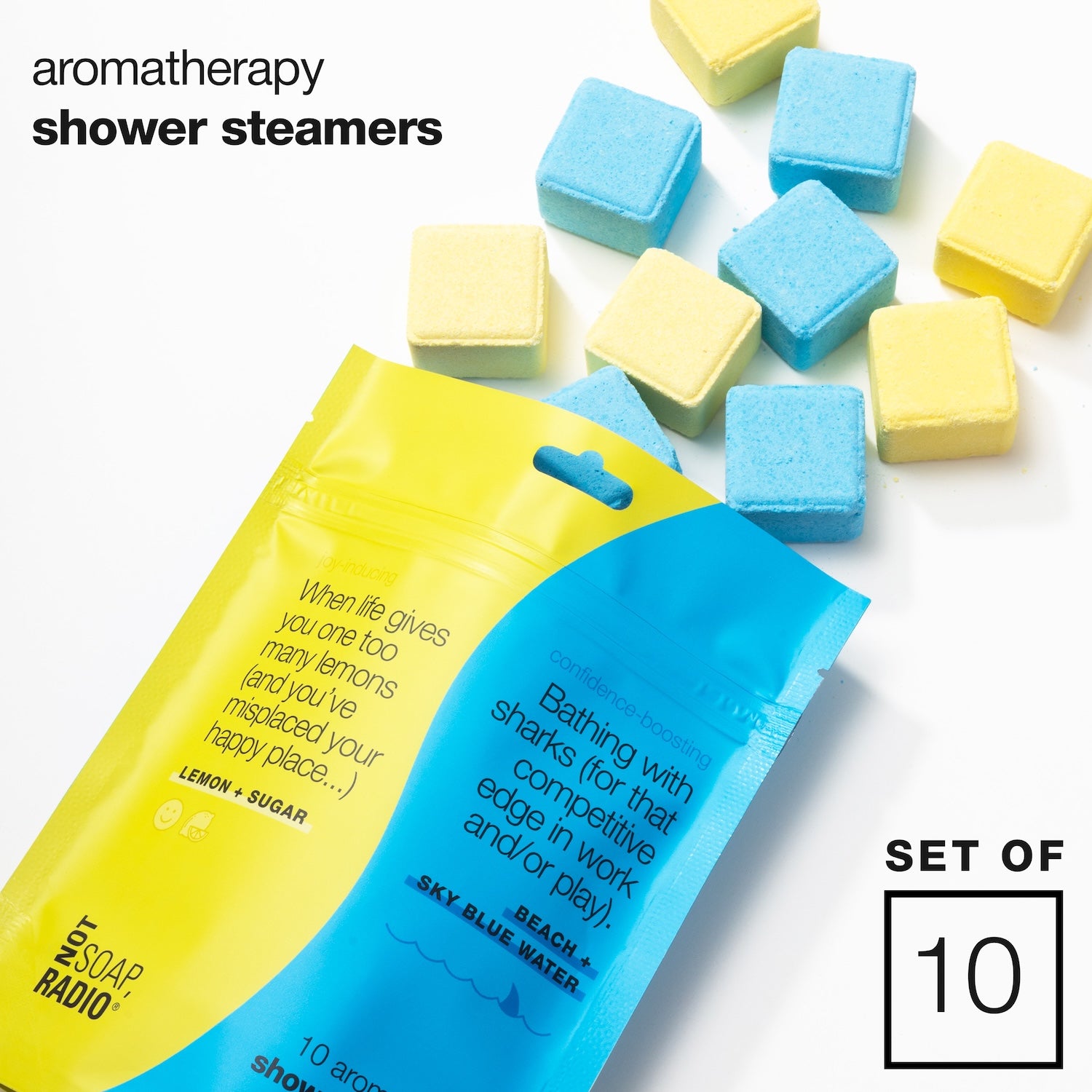 Flatlay of mixed scent aromatherapy Shower Steamers - set of 10