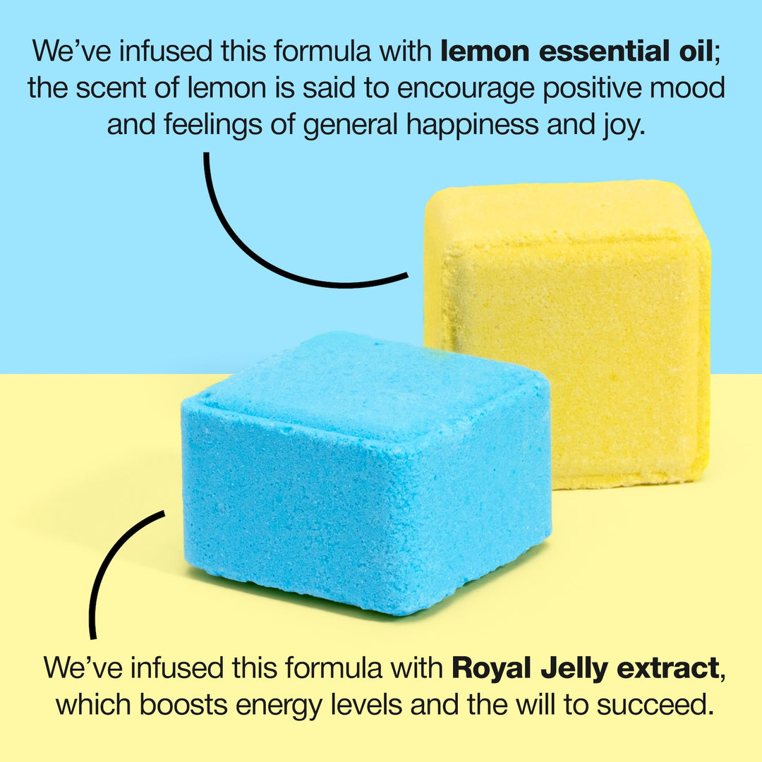 Infographics showing the key aromatherapy ingredients - lemon essential oil and royal jelly extract.