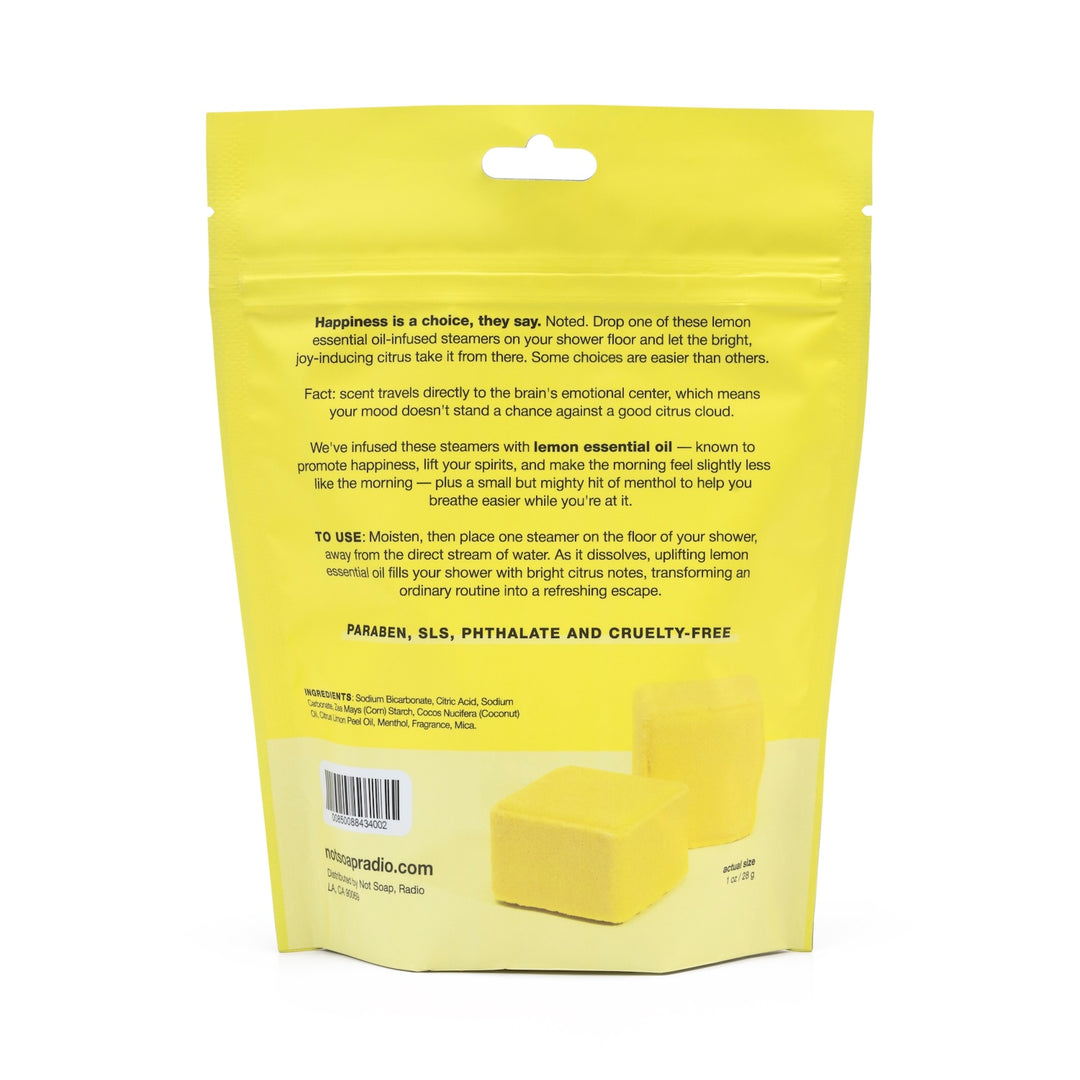 Back of lemons 10-pack shower steamers pouch showing product details, usage instructions and ingredients 
