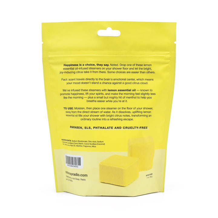 Back of lemons 10-pack shower steamers pouch showing product details, usage instructions and ingredients 