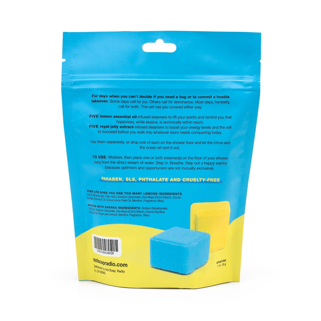 Back of 10-pack Shower steamer pouch bag, showing product details, usage instructions and ingredients