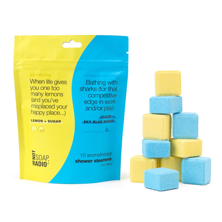Mixed pouch of shower steamers with 2 scents. Left side of the bag is yellow and reads "When life gives you one too many lemons (and you&