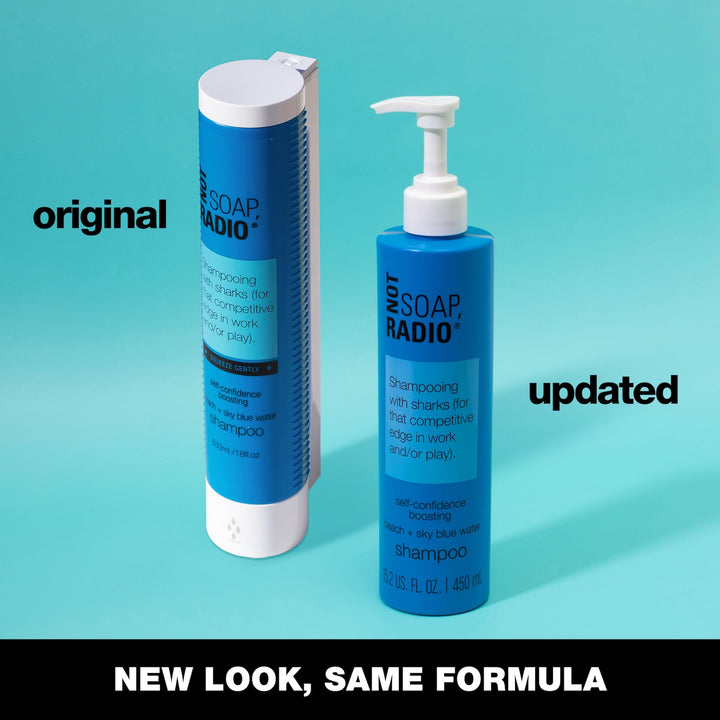 A light blue background with black text reading "original" on the left hand side of a blue Shampooing with sharks shampoo bottle with a cap on the bottom to dispense shampoo. On the right side  of the image black text reading "updated" with a blue bottle that has a white pump cap to the left of the text. The bottom of the image has a black bar running across it with white text stating "new look, same formula".