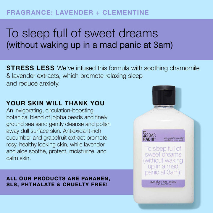 An infographic explaining that the body wash is infused with chamomile and lavender extracts to promote soothing sleep/anxiety relief. It also explains the benefits of this invigorating, circulation-boosting botanical blend 