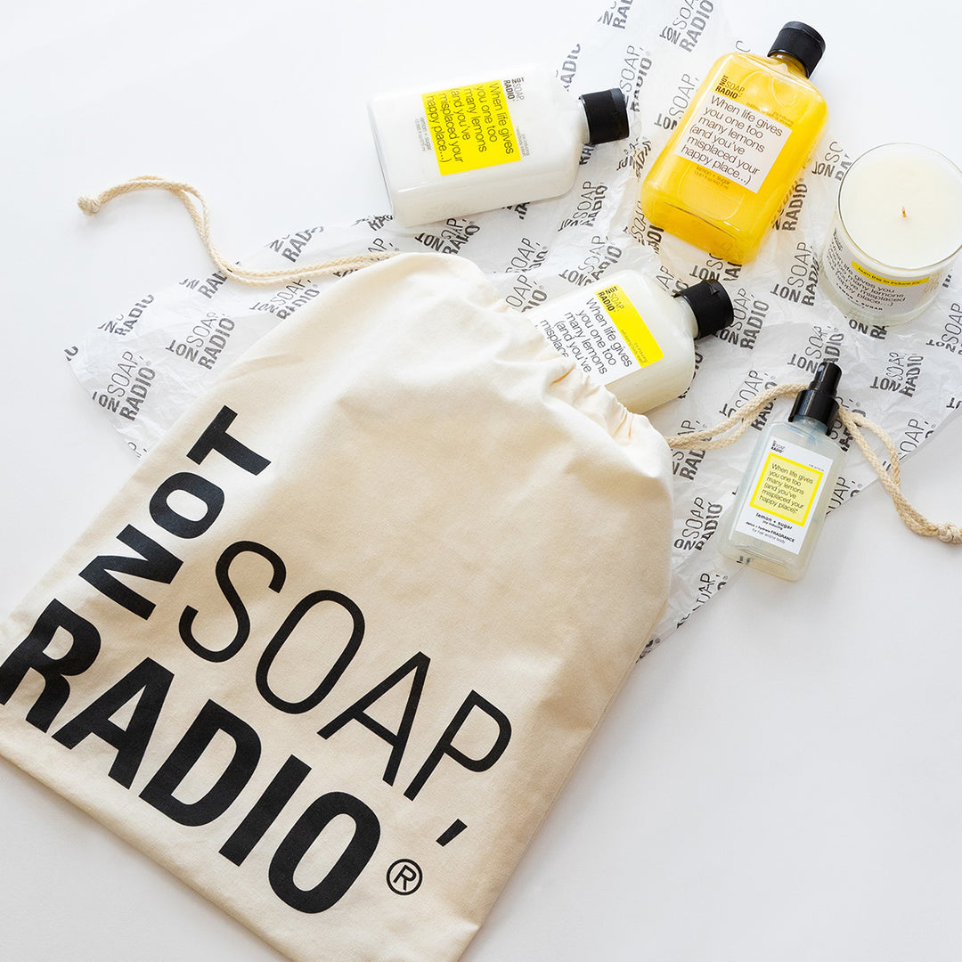 Sustainable gift wrapping - Not Soap, Radio logo-ed gift bags