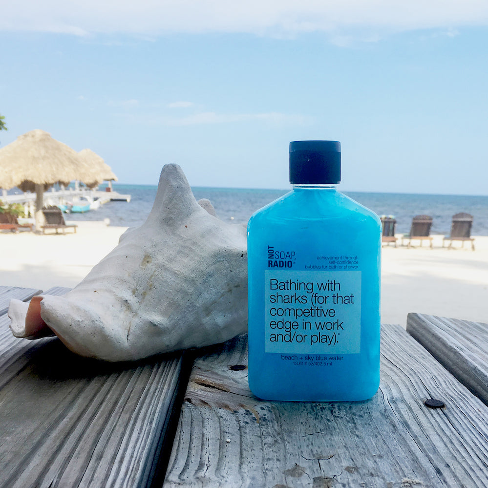 A beach and sky blue water scented bath and shower gel standing next to a large conch shell with a beach background.