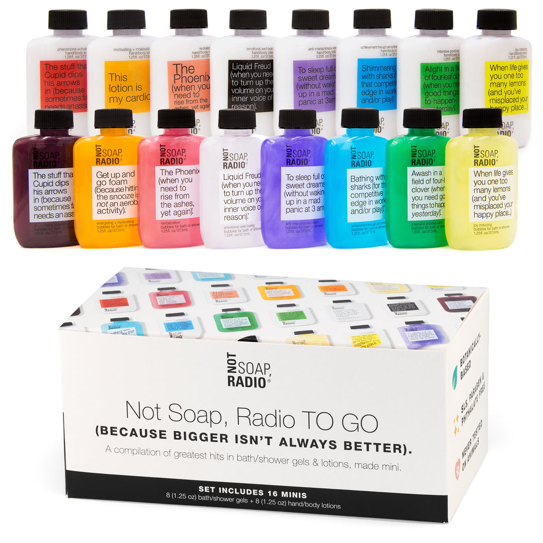 A rainbow array of mini shower gels and body lotions gift set with brand packaging box.