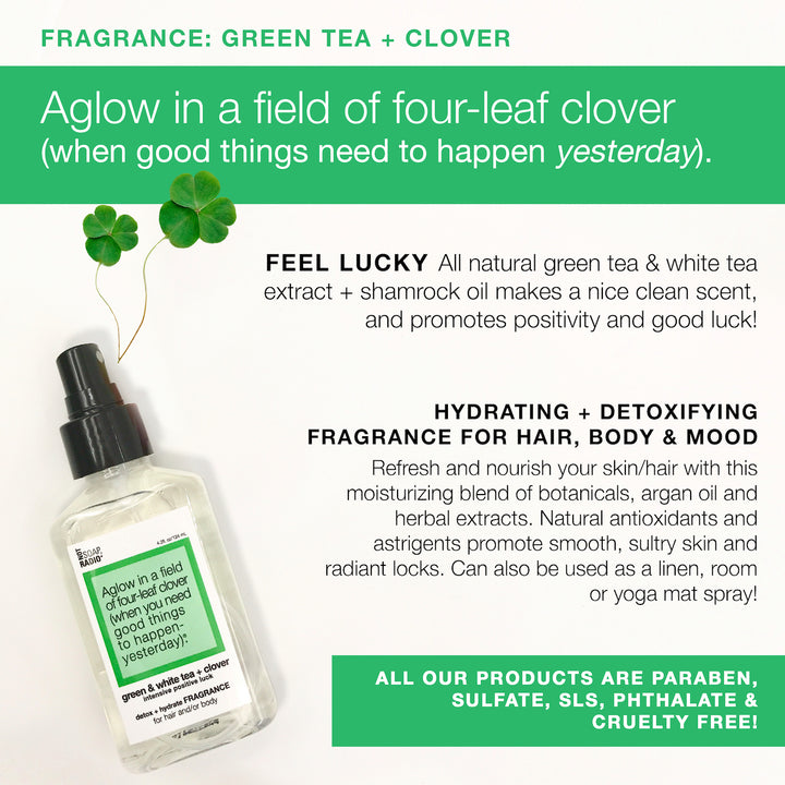 An informational about the scent and uses of the Not Soap Radio four-leaf clover body mist.