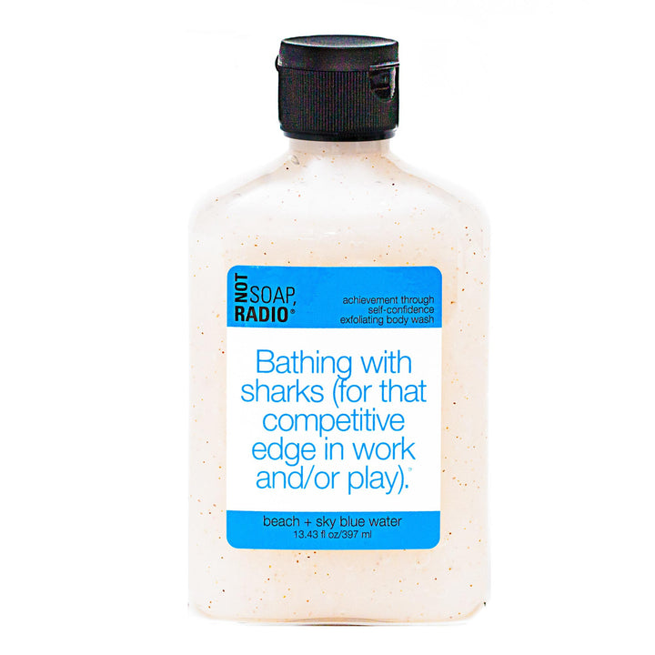 A beach and sky blue water scented body scrub on a white background.