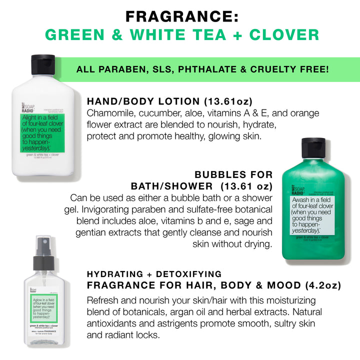 Hero bundle / gift set: detox + hydrate fragrance, bath/shower gel, hand/body lotion in Awash in a field of four leaf clover…