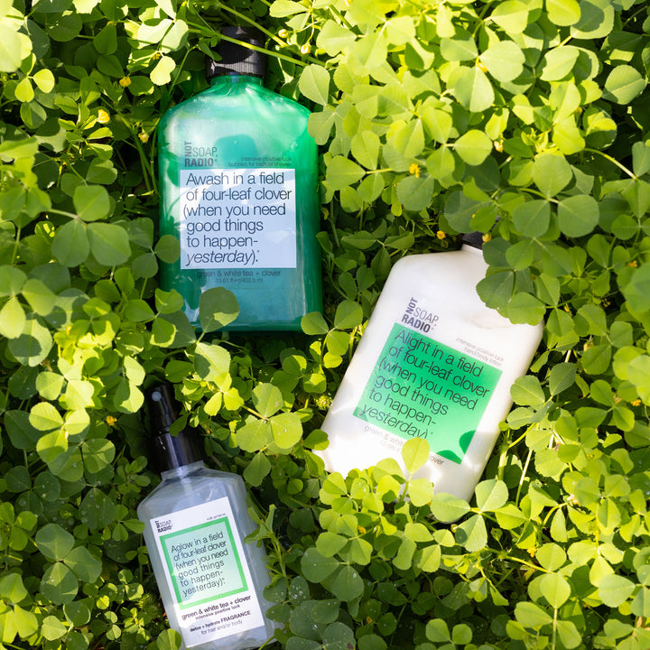 Hero bundle / gift set: detox + hydrate fragrance, bath/shower gel, hand/body lotion in Awash in a field of four leaf clover…