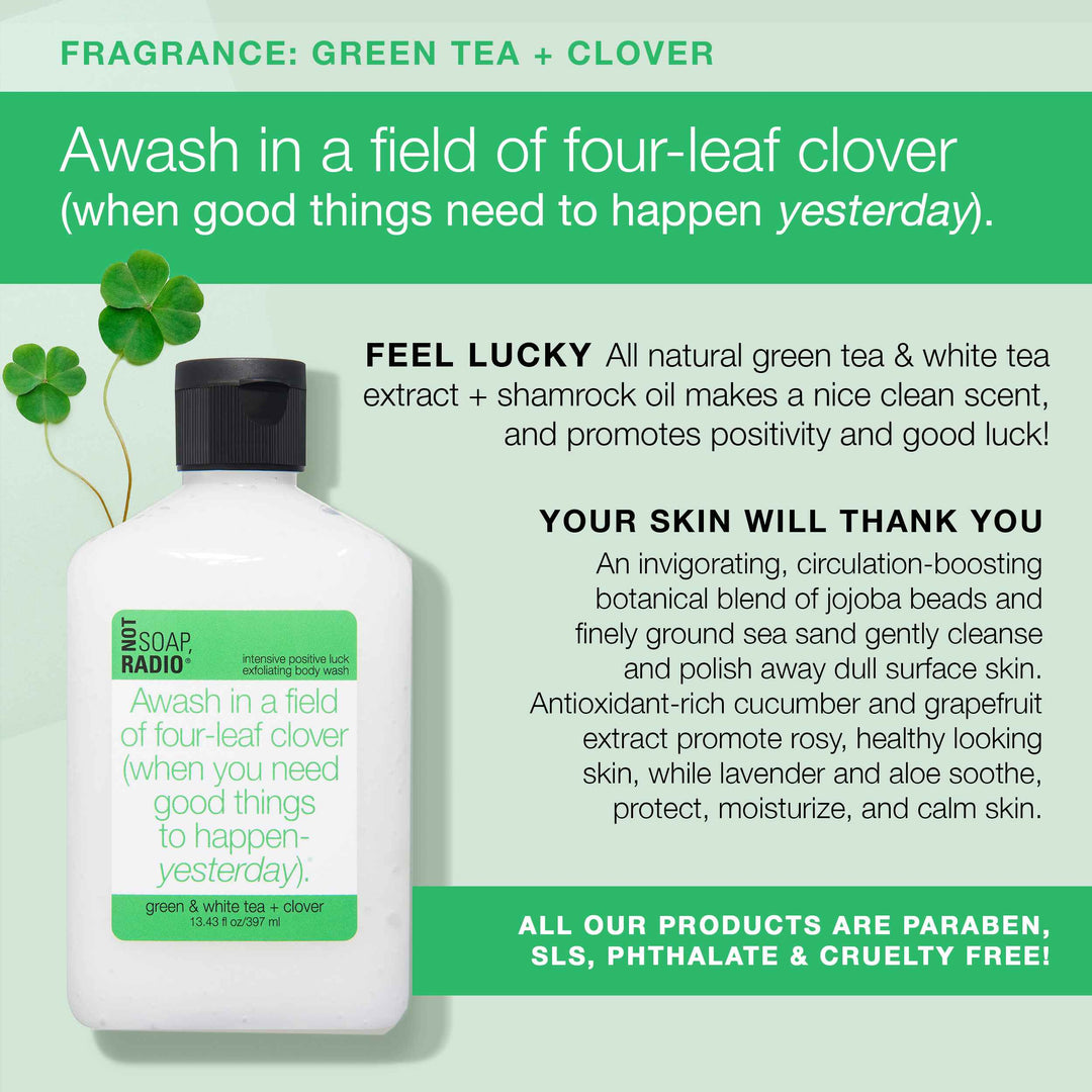 An infographic that explains the benefits to using the intensive positive luck exfoliating body scrub.