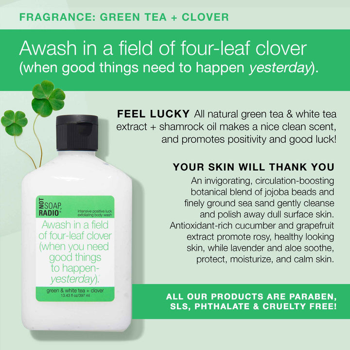 An infographic that explains the benefits to using the intensive positive luck exfoliating body scrub.