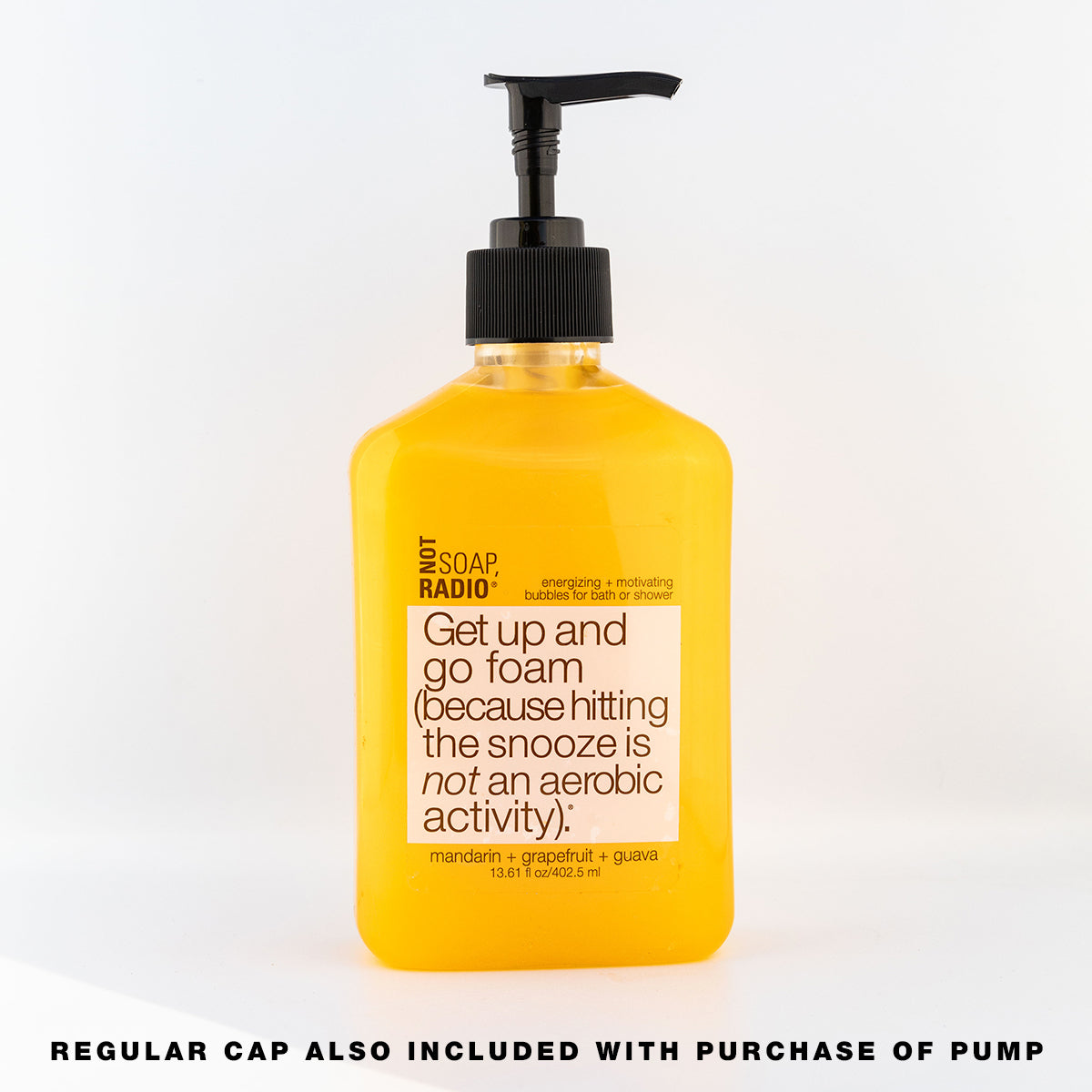 A mandarin, grapefruit, and guava scented bath and shower gel featuring the option to add a pump cap during purchase.