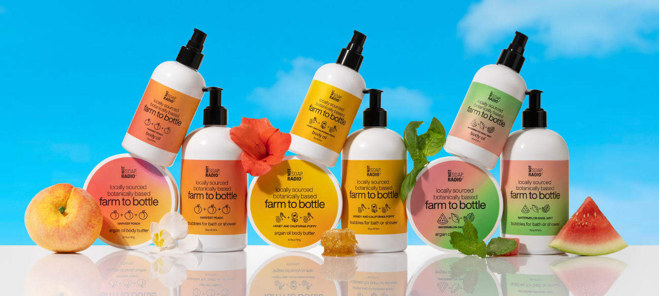 An array of products from Not Soap, Radio's farm to bottle line. Featuring the following scents: harvest peach, honey and california poppy, and watermelon basil mint