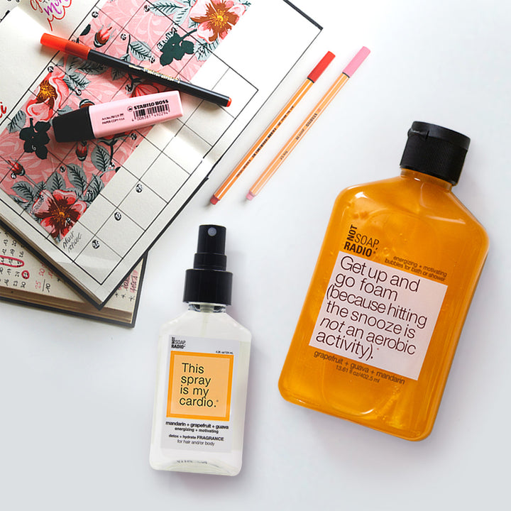 Hero bundle / gift set: detox + hydrate fragrance, bath/shower gel, hand/body lotion in Get up and go foam + This lotion/spray is my cardio…