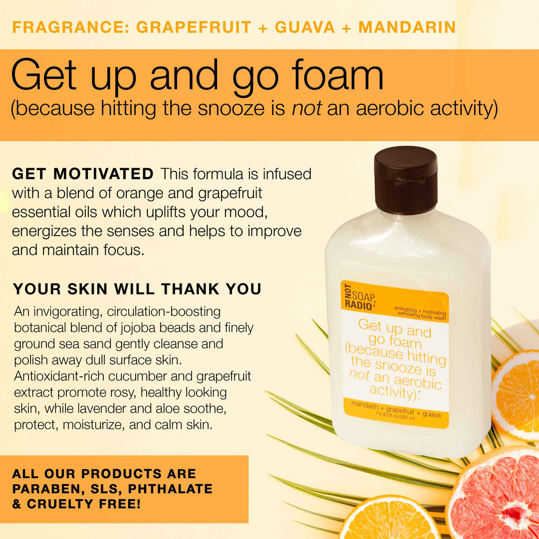 An infographic explaining the uses and benefits of the mandarin scented body scrub by Not Soap Radio.