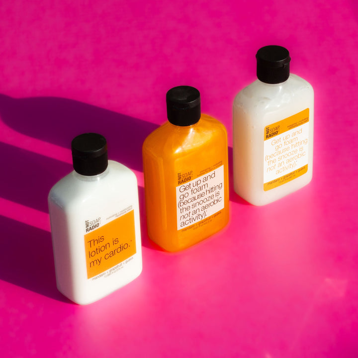 Trio: Get up and go foam: bath/shower gel, hand/body lotion and exfoliating body wash