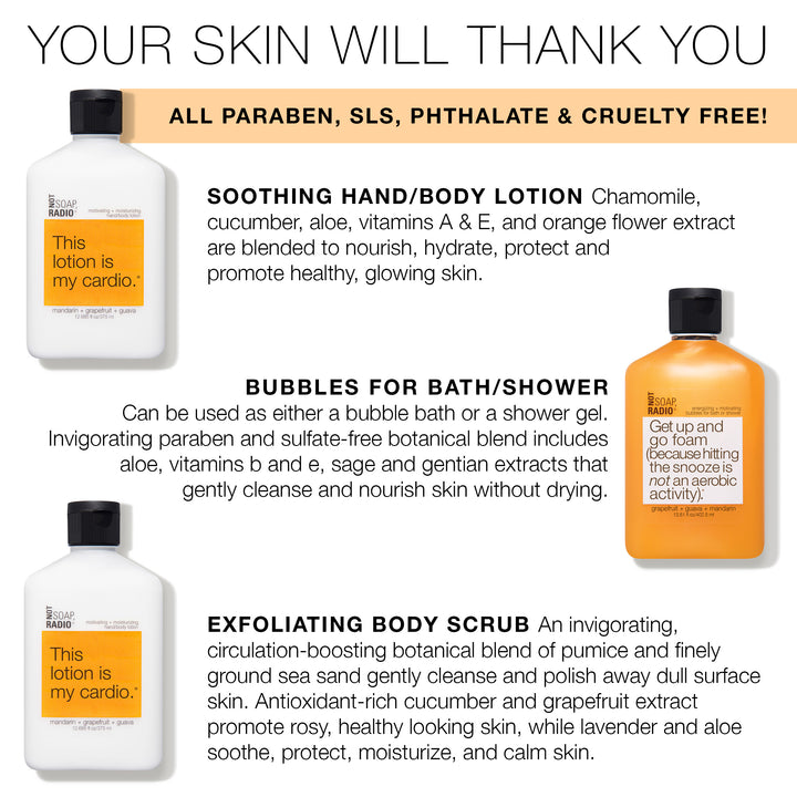 Trio: Get up and go foam: bath/shower gel, hand/body lotion and exfoliating body wash