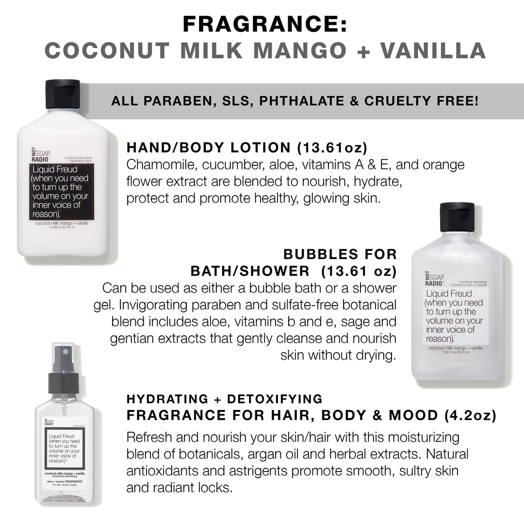 Hero bundle / gift set: detox + hydrate fragrance, bath/shower gel, hand/body lotion in Liquid Freud…