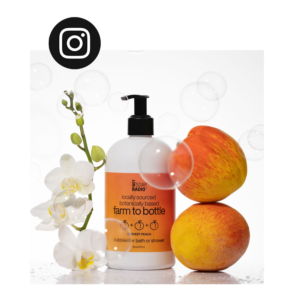 Farm to bottle peach scented bath shower gel with instagram icon overlaid 