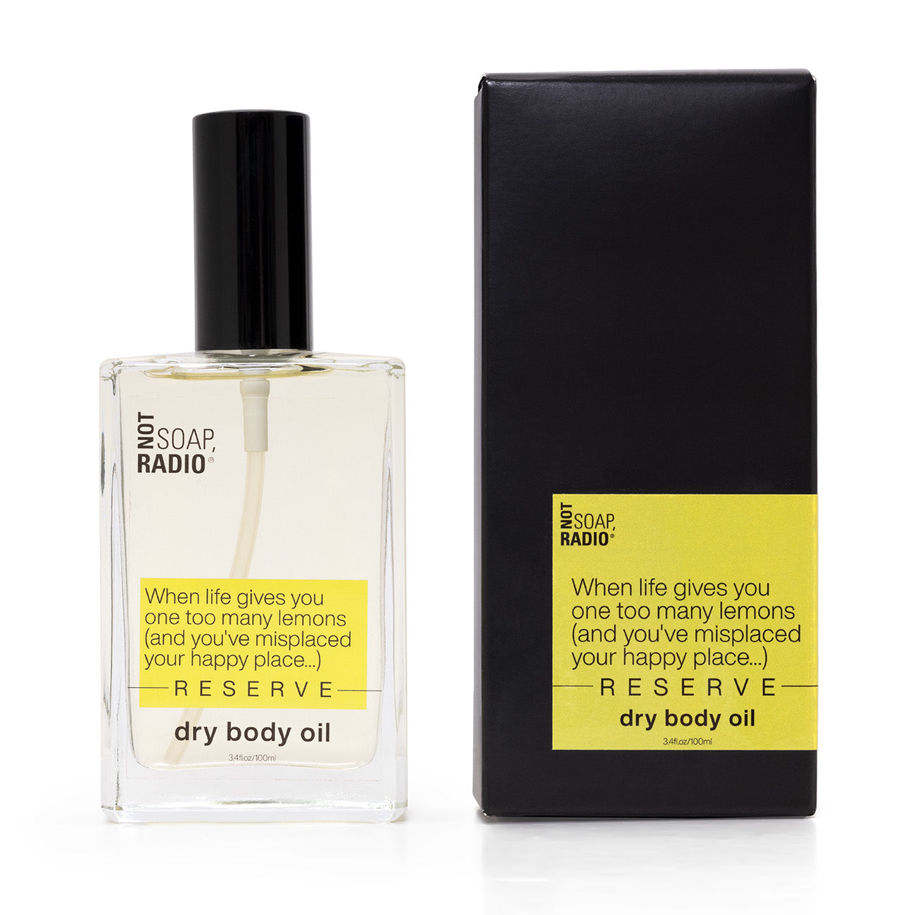 Close-up of Lemons Reserve perfume bottle and box
