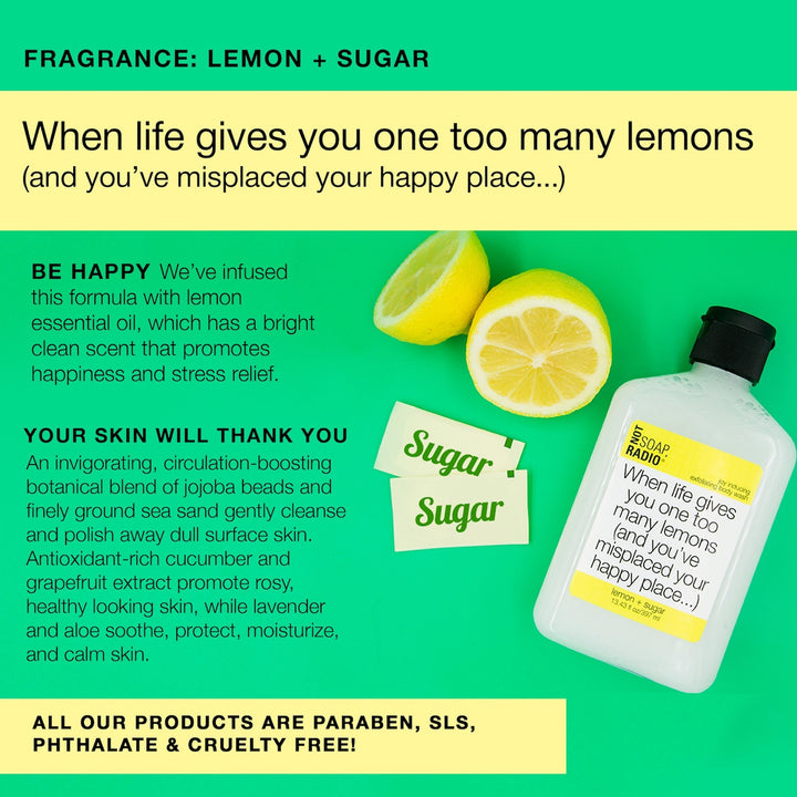 An infographic explaining the benefits of the lemon essential oil infused body scrub. 