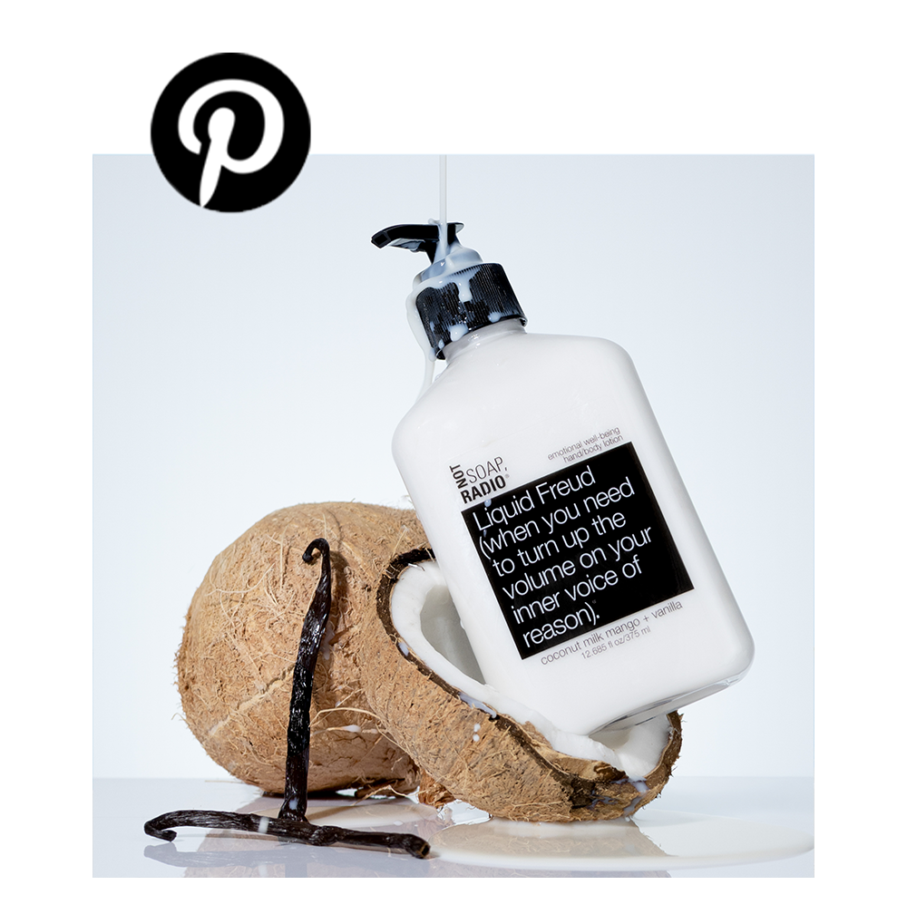 Liquid freud lotion with coconuts and vanilla and pinterest icon in the corner