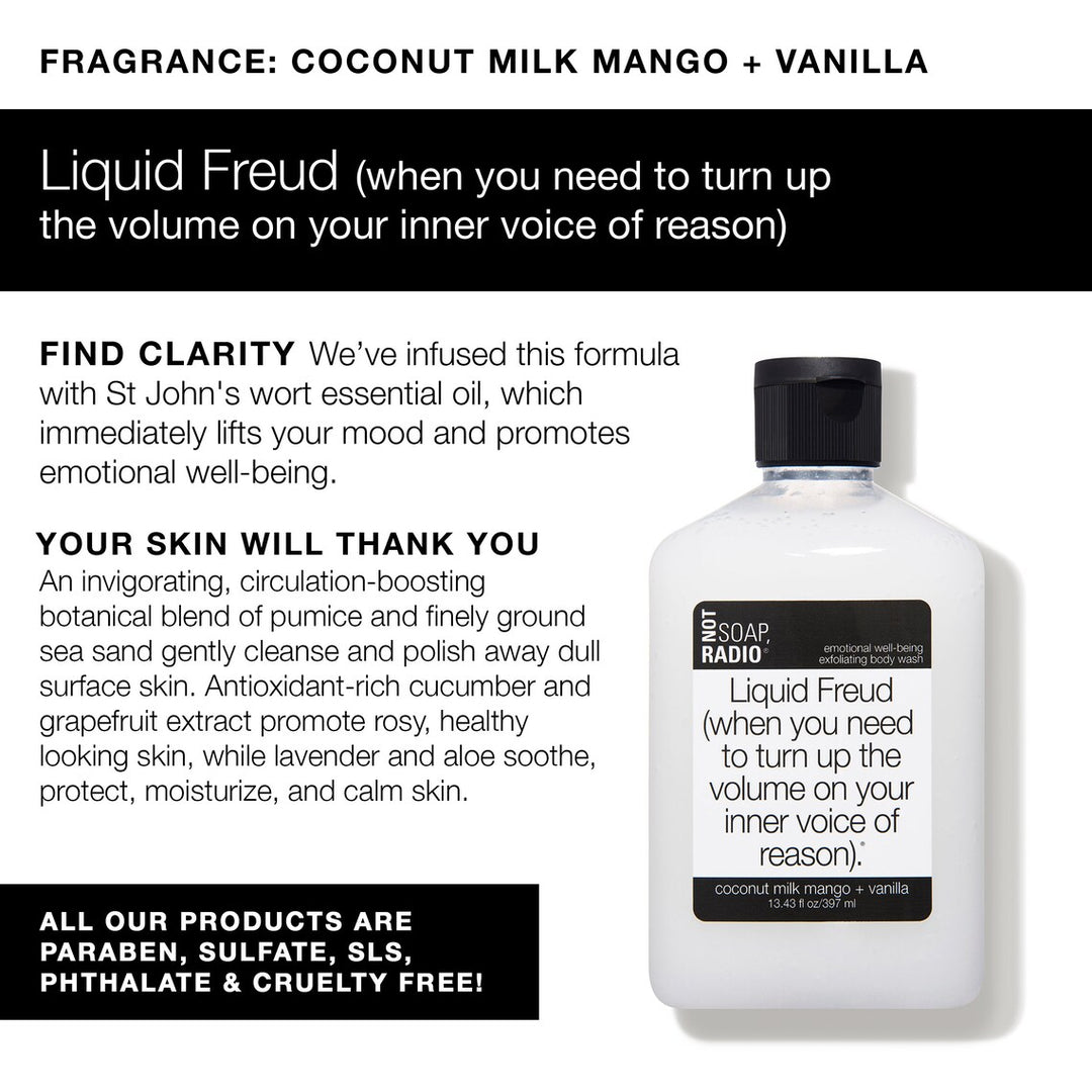 An infographic explaining the benefits of Liquid freud exfoliating body wash, which is infused with St Jon's wort for emotional well-being.