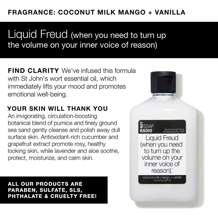 An infographic explaining the benefits of Liquid freud exfoliating body wash, which is infused with St Jon's wort for emotional well-being.