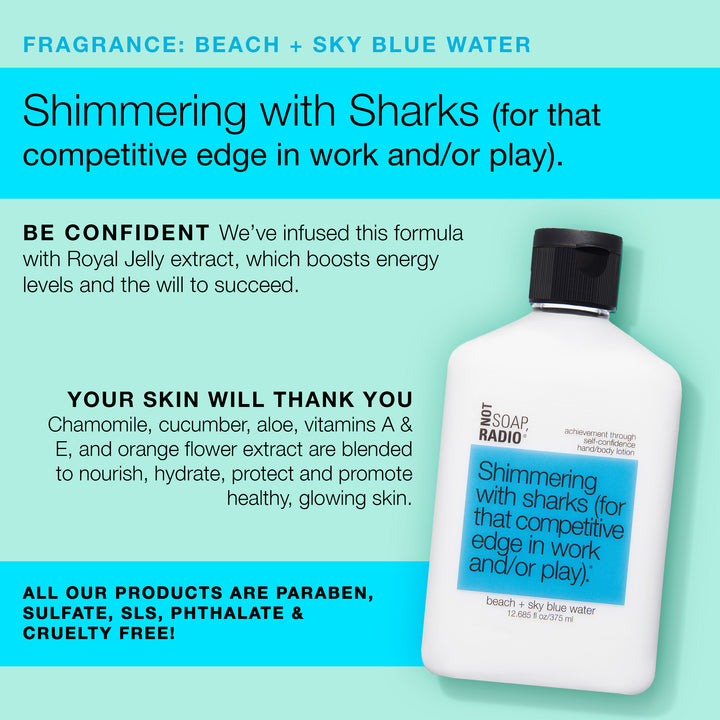 Shimmering with sharks (for that competitive edge in work and/or play). <b>hand/body lotion</b>