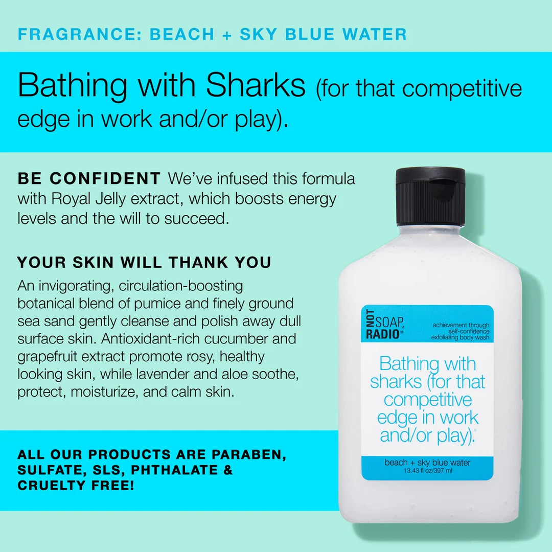 An infographic explaining the benefits and uses of the beach and sky blue water scented body scrub.